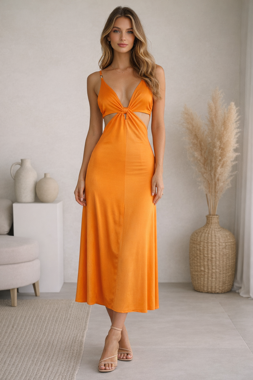 Orange Rayon Spaghetti Strap Twist-Front Cutout Midi Dress