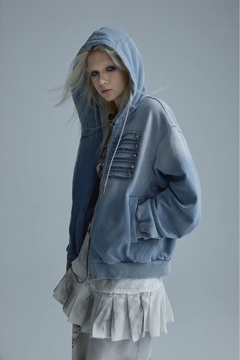 Sweat-shirt Veste Femme Automne Style Napoléon, Lavage Bleu Dégradé Effet Usé, Détails Streetwear Haute Couture