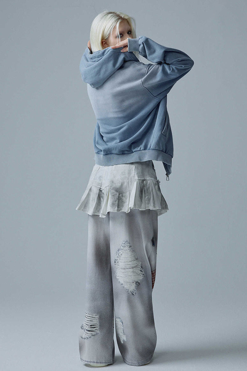 Sweat-shirt Veste Femme Automne Style Napoléon, Lavage Bleu Dégradé Effet Usé, Détails Streetwear Haute Couture
