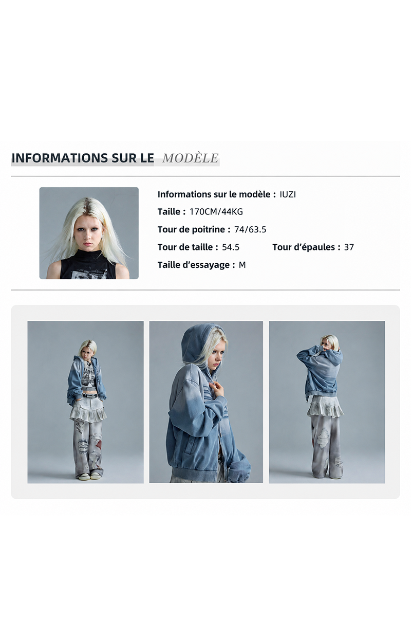 Sweat-shirt Veste Femme Automne Style Napoléon, Lavage Bleu Dégradé Effet Usé, Détails Streetwear Haute Couture
