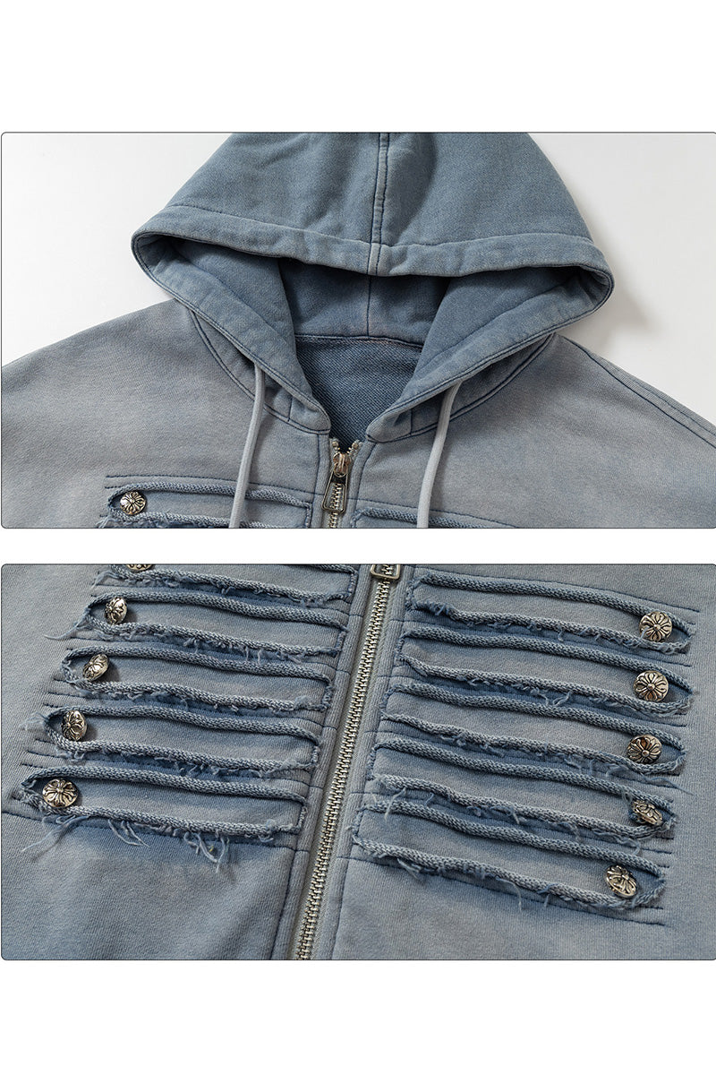 Sweat-shirt Veste Femme Automne Style Napoléon, Lavage Bleu Dégradé Effet Usé, Détails Streetwear Haute Couture