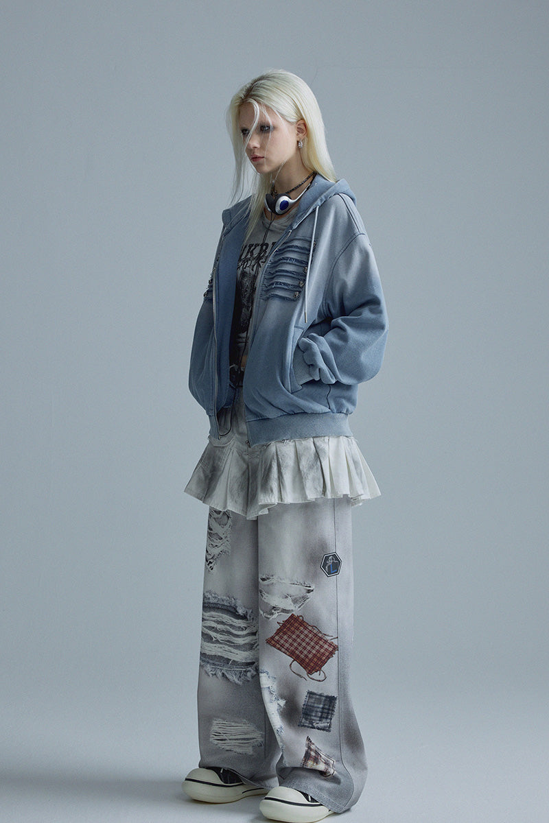 Sweat-shirt Veste Femme Automne Style Napoléon, Lavage Bleu Dégradé Effet Usé, Détails Streetwear Haute Couture