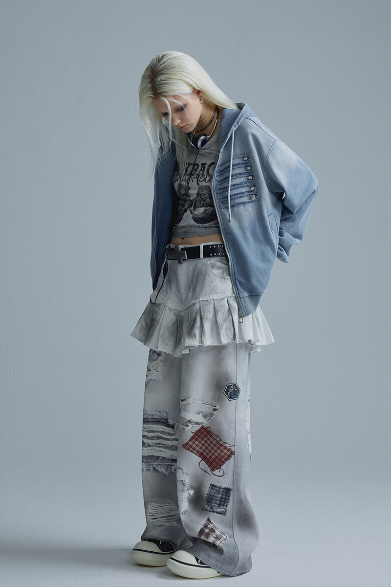 Sweat-shirt Veste Femme Automne Style Napoléon, Lavage Bleu Dégradé Effet Usé, Détails Streetwear Haute Couture