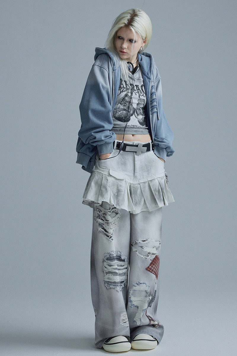 Sweat-shirt Veste Femme Automne Style Napoléon, Lavage Bleu Dégradé Effet Usé, Détails Streetwear Haute Couture