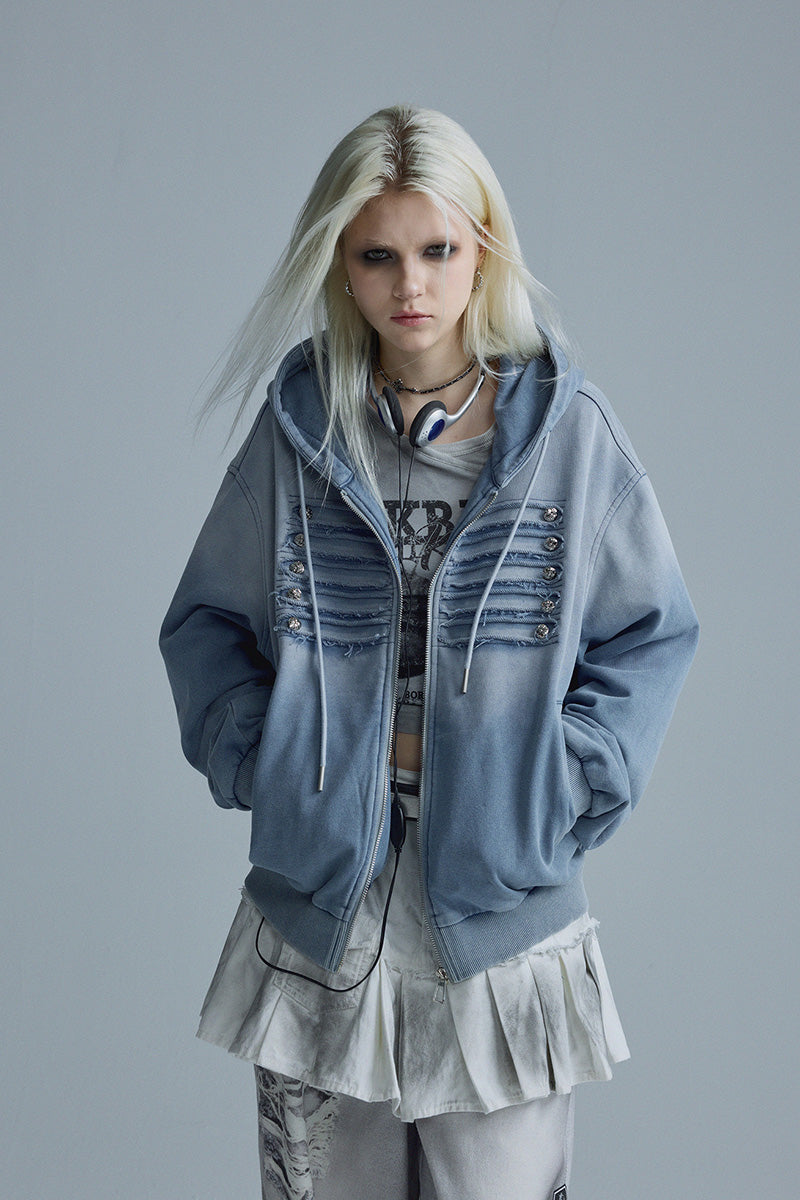 Sweat-shirt Veste Femme Automne Style Napoléon, Lavage Bleu Dégradé Effet Usé, Détails Streetwear Haute Couture