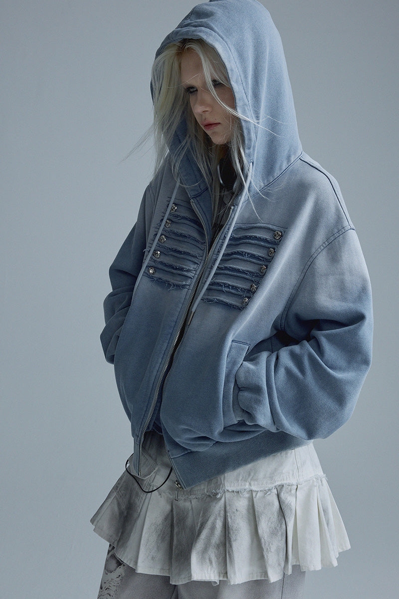 Sweat-shirt Veste Femme Automne Style Napoléon, Lavage Bleu Dégradé Effet Usé, Détails Streetwear Haute Couture