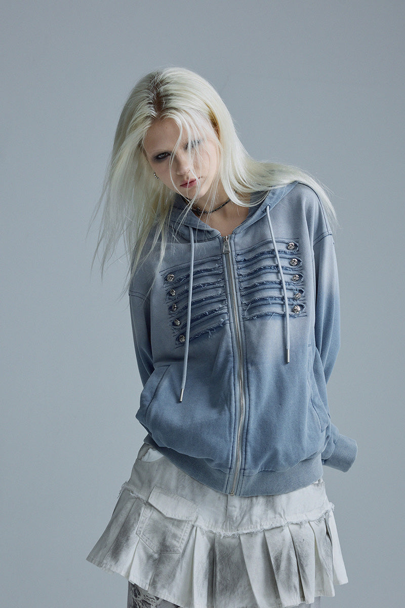 Sweat-shirt Veste Femme Automne Style Napoléon, Lavage Bleu Dégradé Effet Usé, Détails Streetwear Haute Couture