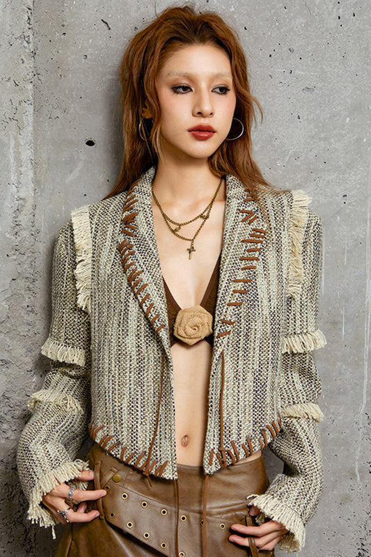 Blazer décontracté en tweed tissé pour femme, style petit Chanel, franges effilochées, coupe ajustée et affinante