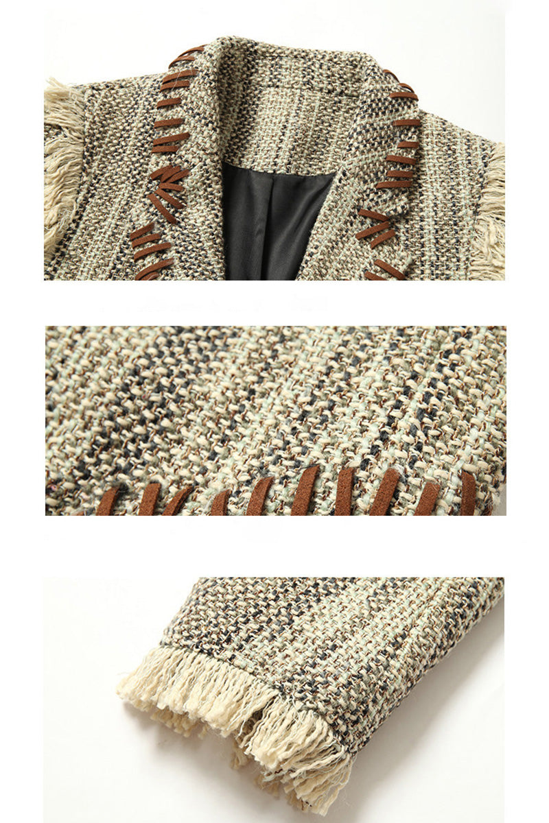Blazer décontracté en tweed tissé pour femme, style petit Chanel, franges effilochées, coupe ajustée et affinante
