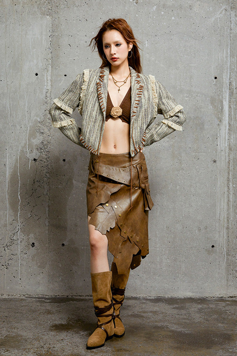 Blazer décontracté en tweed tissé pour femme, style petit Chanel, franges effilochées, coupe ajustée et affinante