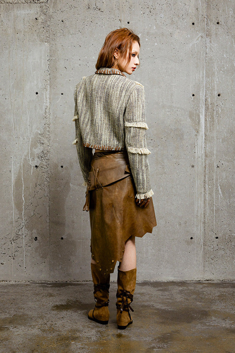 Blazer décontracté en tweed tissé pour femme, style petit Chanel, franges effilochées, coupe ajustée et affinante