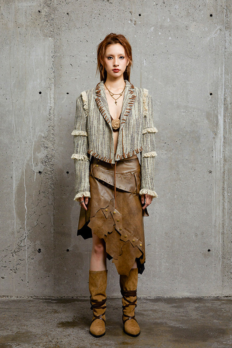 Blazer décontracté en tweed tissé pour femme, style petit Chanel, franges effilochées, coupe ajustée et affinante