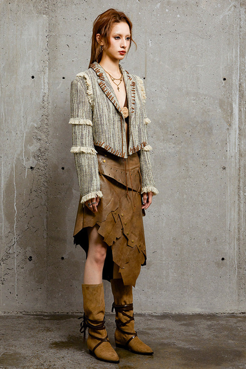 Blazer décontracté en tweed tissé pour femme, style petit Chanel, franges effilochées, coupe ajustée et affinante