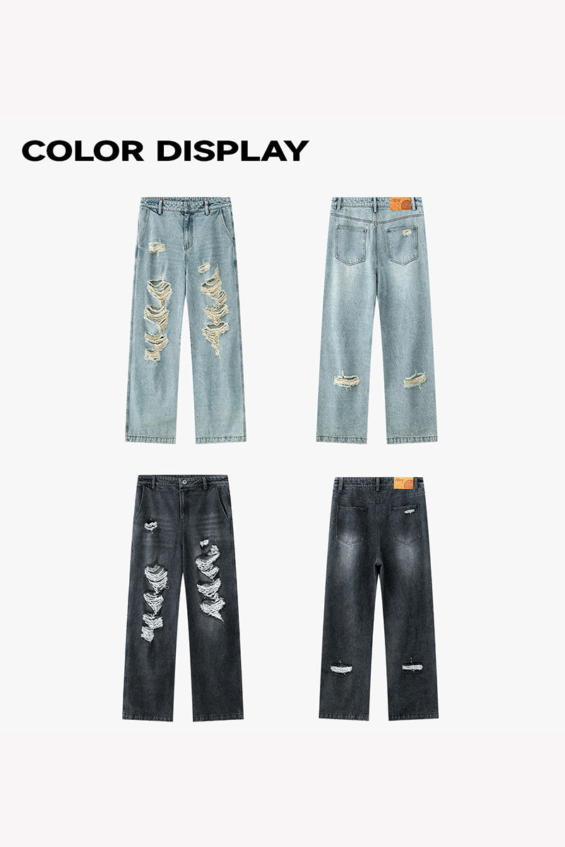 Jean femme oversize délavé à déchirures, coupe large et longue style streetwear tendance
