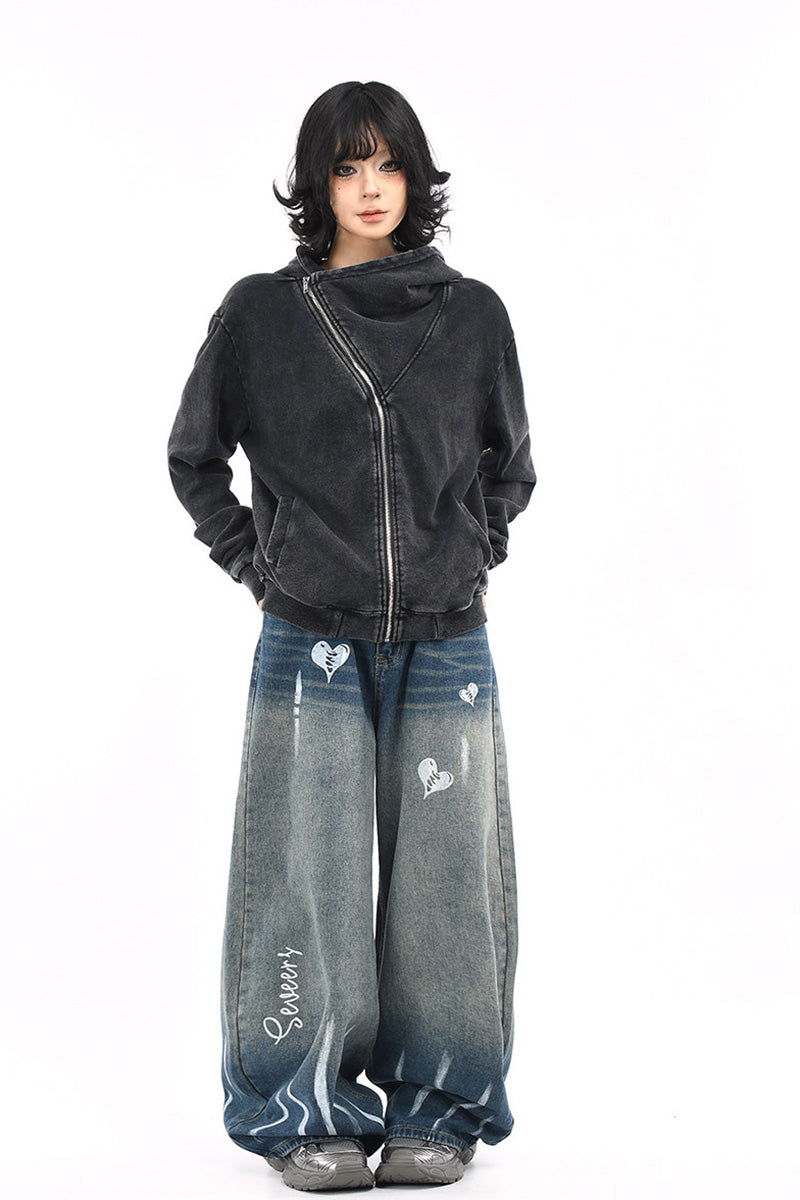 Sweat à Capuche Court Femme Vintage Américain Délavé Effet Usé