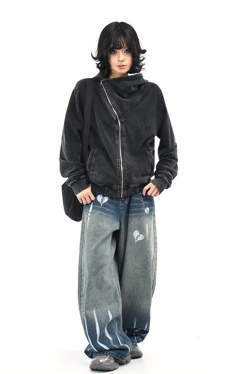 Sweat à Capuche Court Femme Vintage Américain Délavé Effet Usé