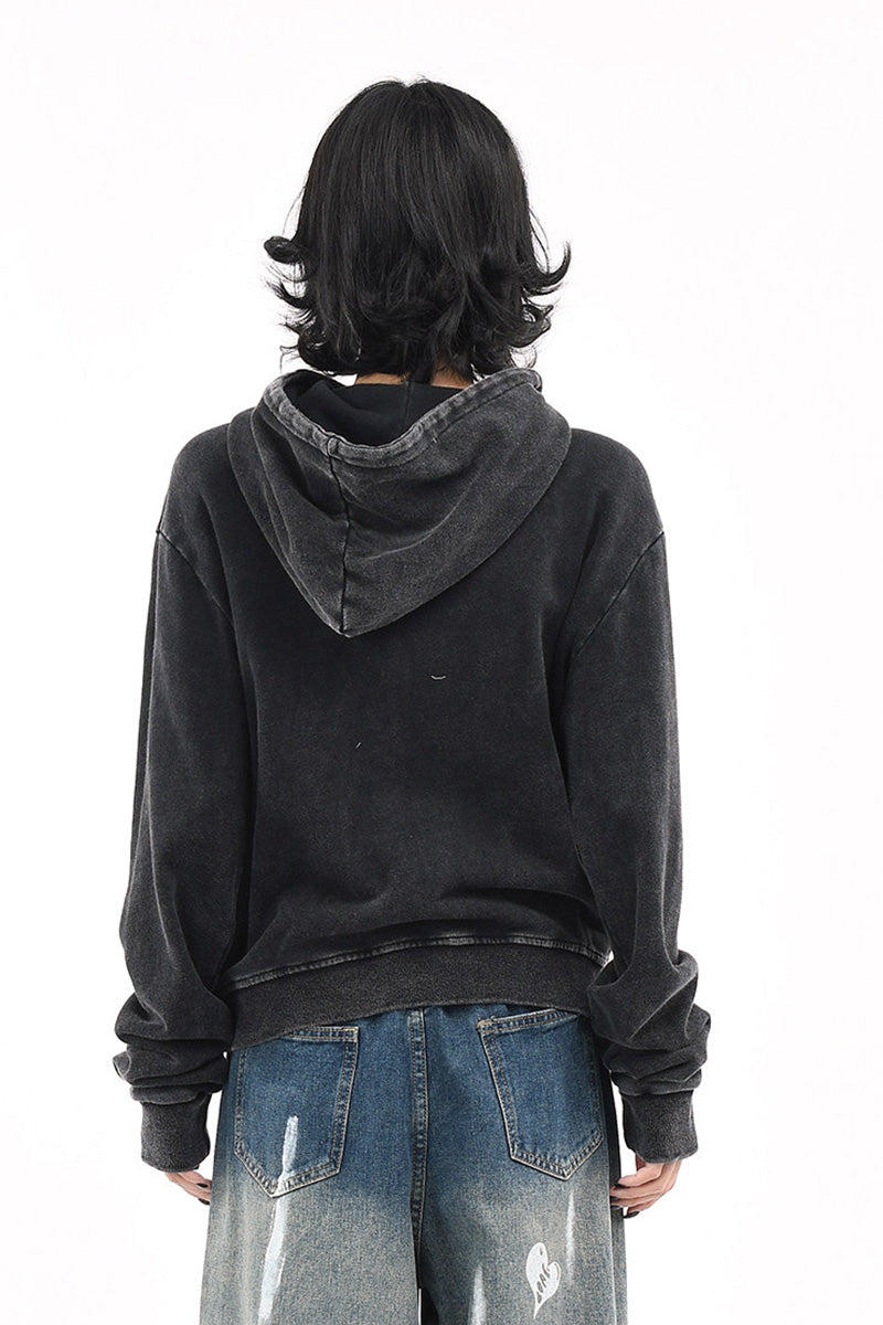 Sweat à Capuche Court Femme Vintage Américain Délavé Effet Usé