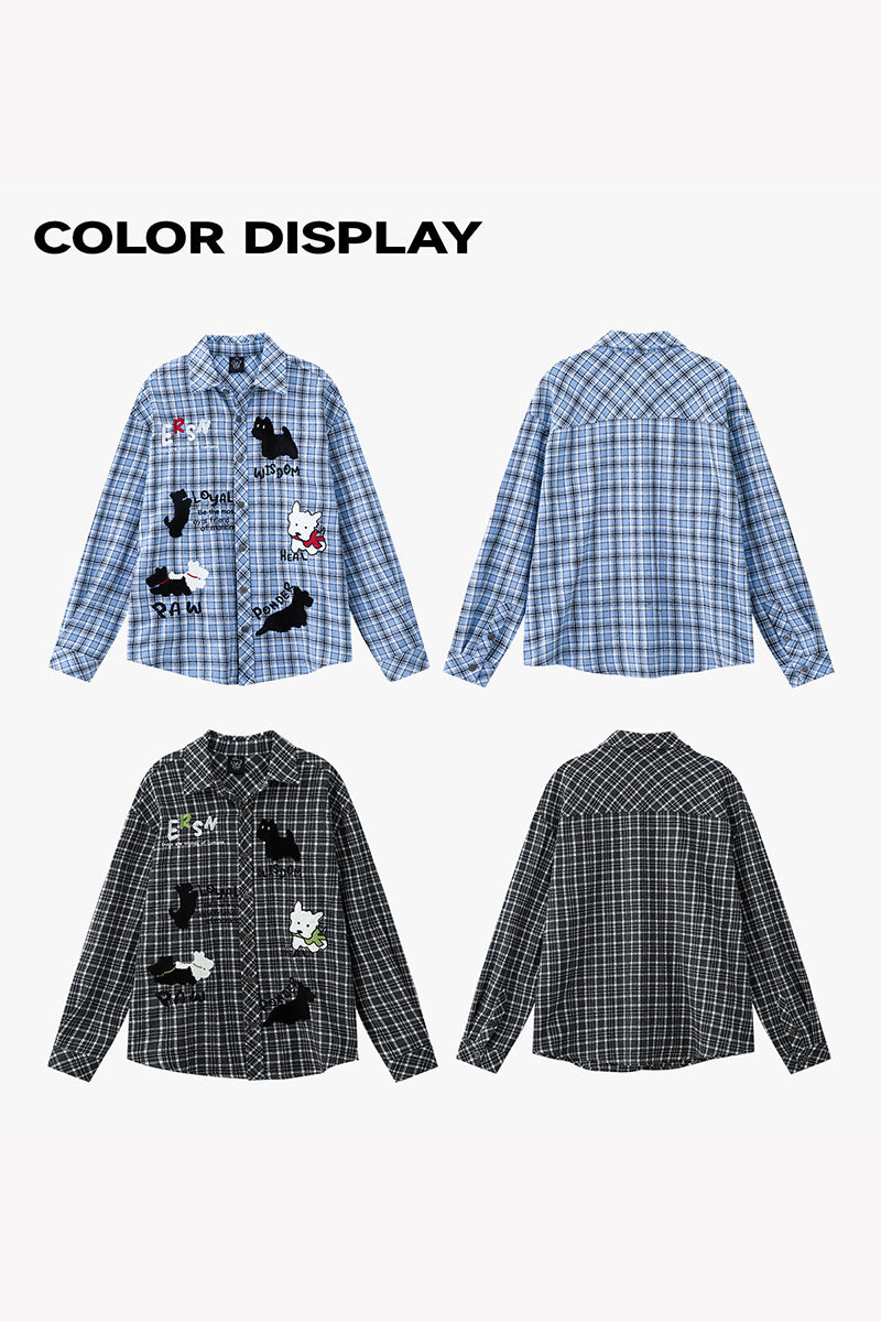 Chemise Oversize à Carreaux avec Broderie Chien Mignon – Veste Casual Vintage Unisexe pour Couple