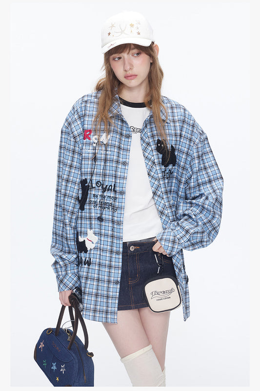 Chemise Oversize à Carreaux avec Broderie Chien Mignon – Veste Casual Vintage Unisexe pour Couple