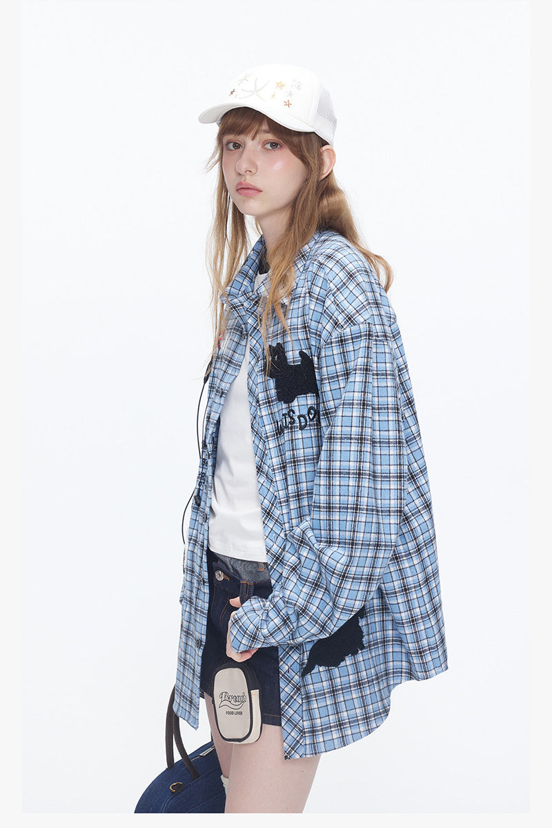 Chemise Oversize à Carreaux avec Broderie Chien Mignon – Veste Casual Vintage Unisexe pour Couple