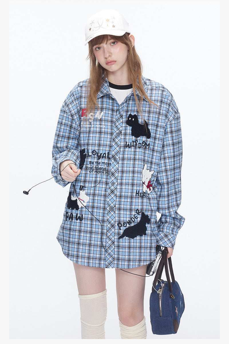 Chemise Oversize à Carreaux avec Broderie Chien Mignon – Veste Casual Vintage Unisexe pour Couple