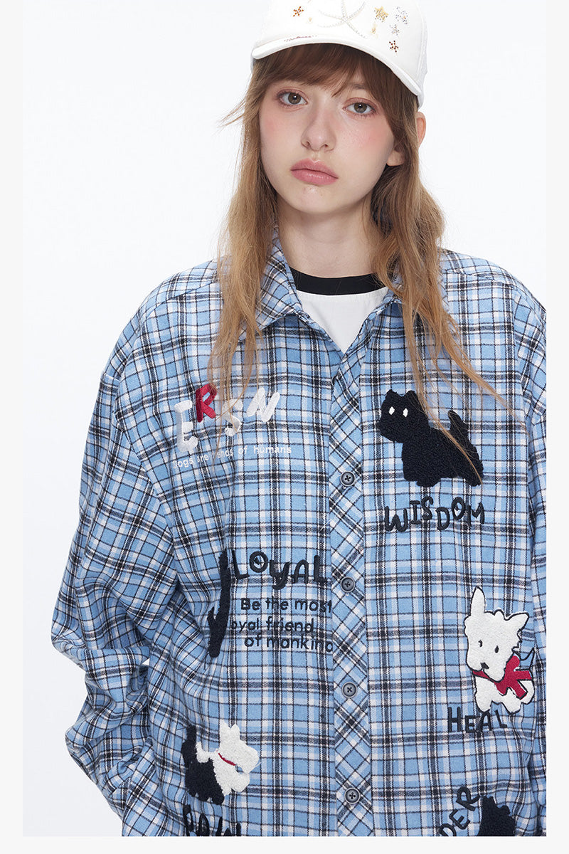 Chemise Oversize à Carreaux avec Broderie Chien Mignon – Veste Casual Vintage Unisexe pour Couple