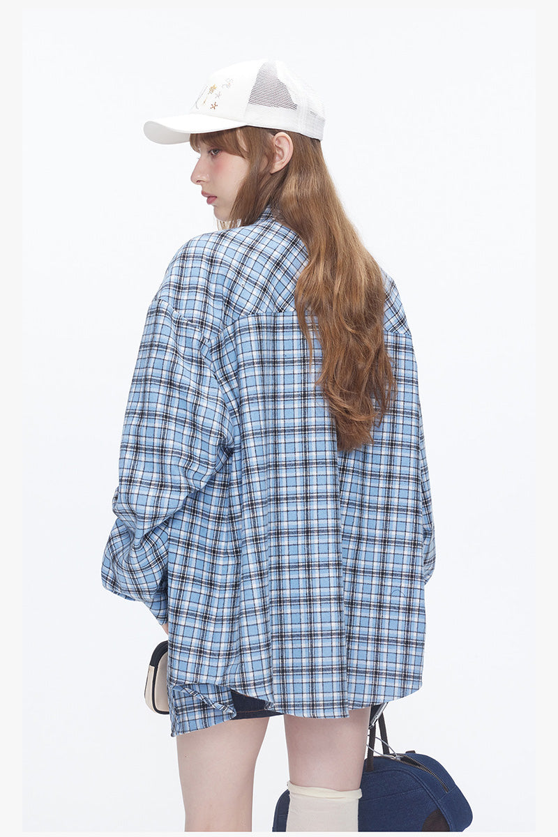 Chemise Oversize à Carreaux avec Broderie Chien Mignon – Veste Casual Vintage Unisexe pour Couple