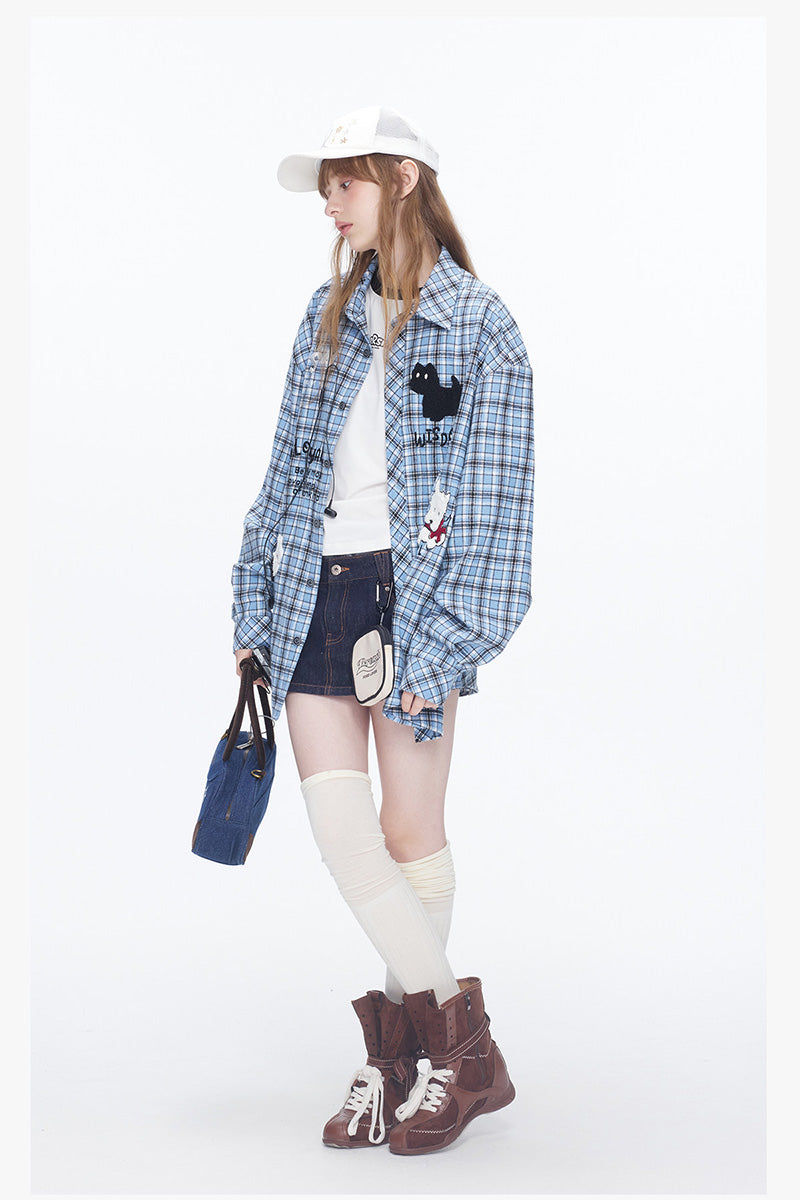 Chemise Oversize à Carreaux avec Broderie Chien Mignon – Veste Casual Vintage Unisexe pour Couple