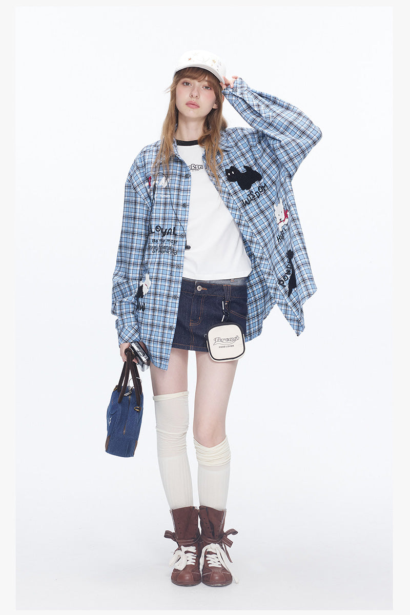 Chemise Oversize à Carreaux avec Broderie Chien Mignon – Veste Casual Vintage Unisexe pour Couple