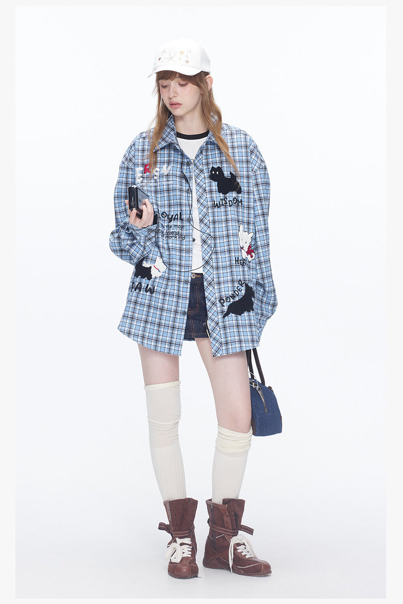 Chemise Oversize à Carreaux avec Broderie Chien Mignon – Veste Casual Vintage Unisexe pour Couple