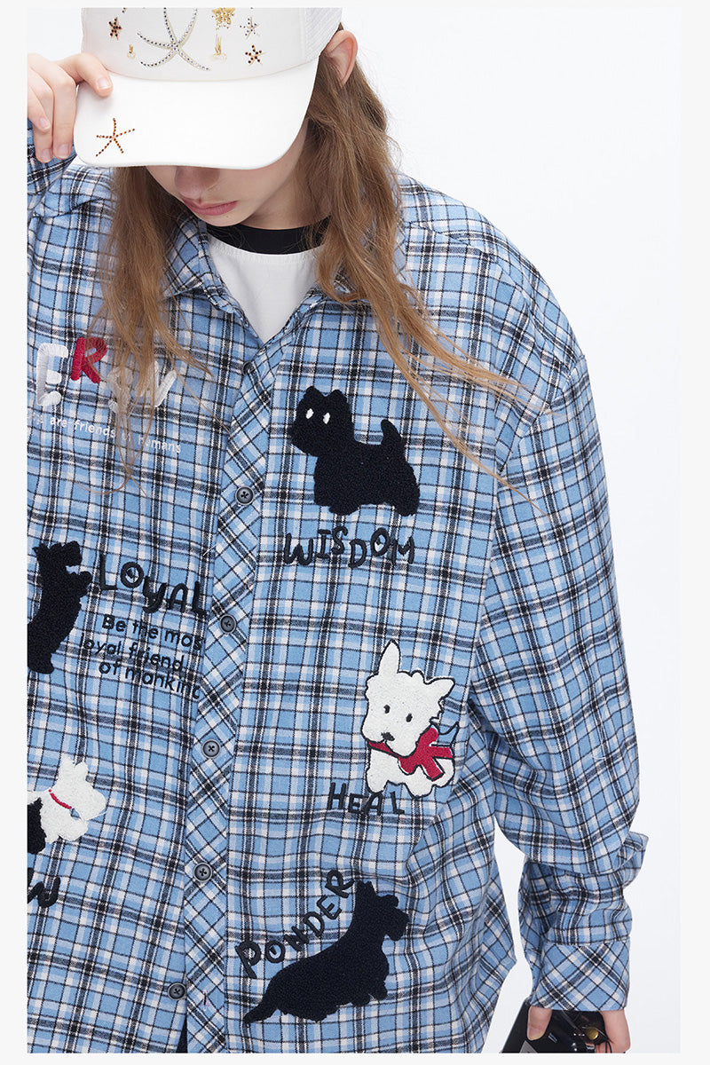 Chemise Oversize à Carreaux avec Broderie Chien Mignon – Veste Casual Vintage Unisexe pour Couple