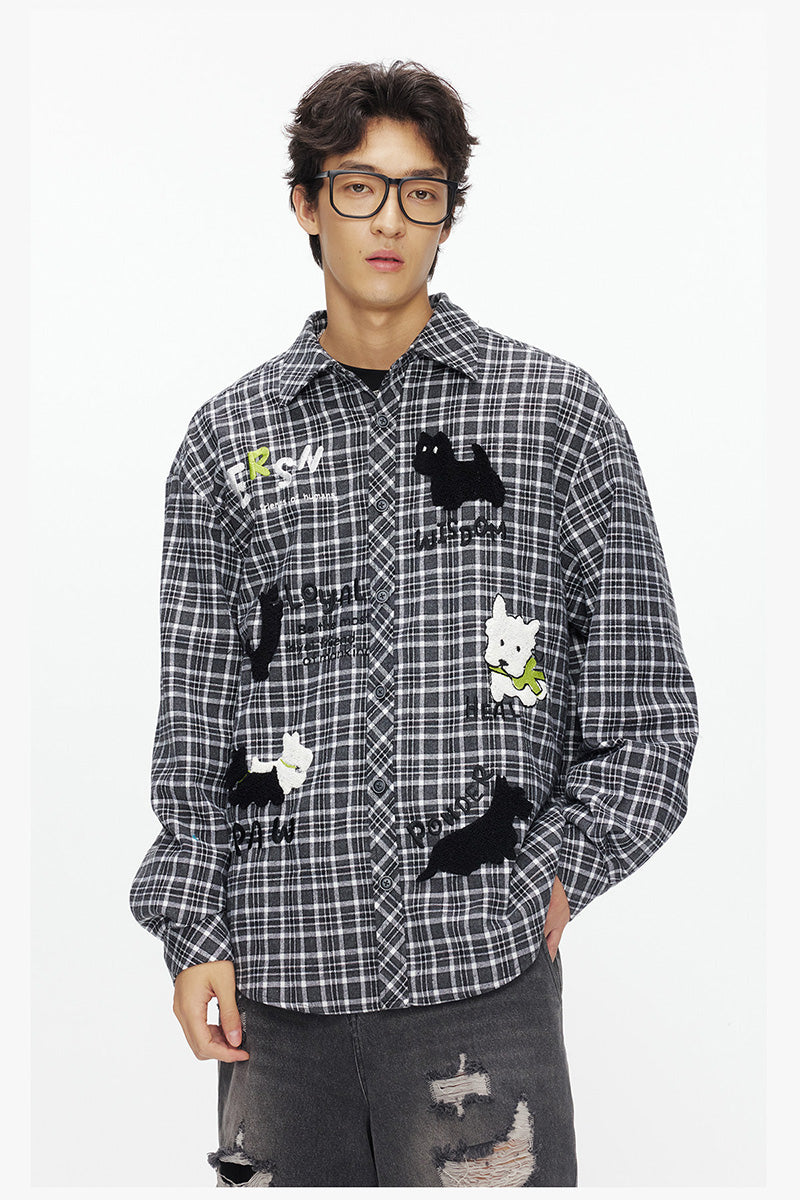 Chemise Oversize à Carreaux avec Broderie Chien Mignon – Veste Casual Vintage Unisexe pour Couple