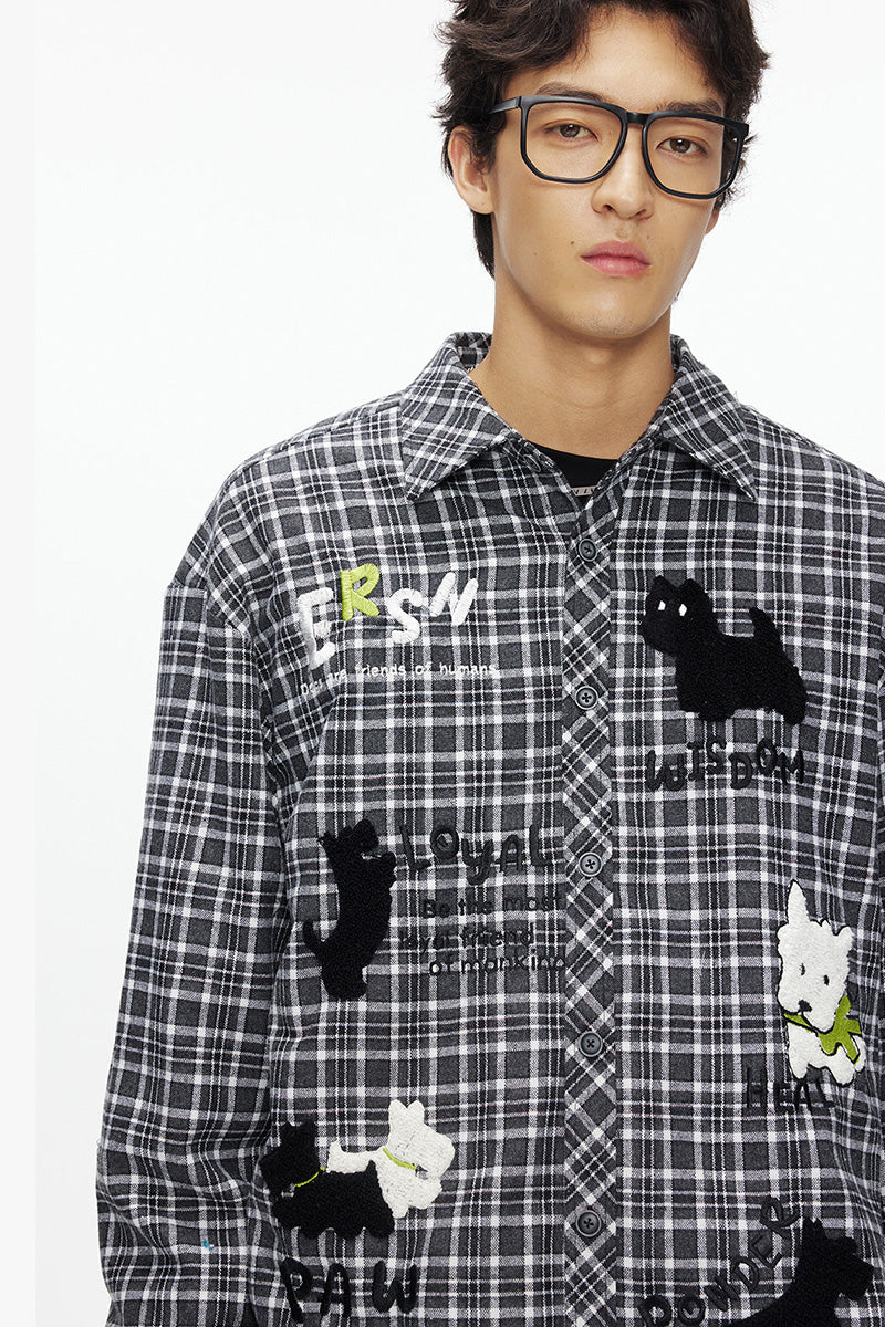 Chemise Oversize à Carreaux avec Broderie Chien Mignon – Veste Casual Vintage Unisexe pour Couple