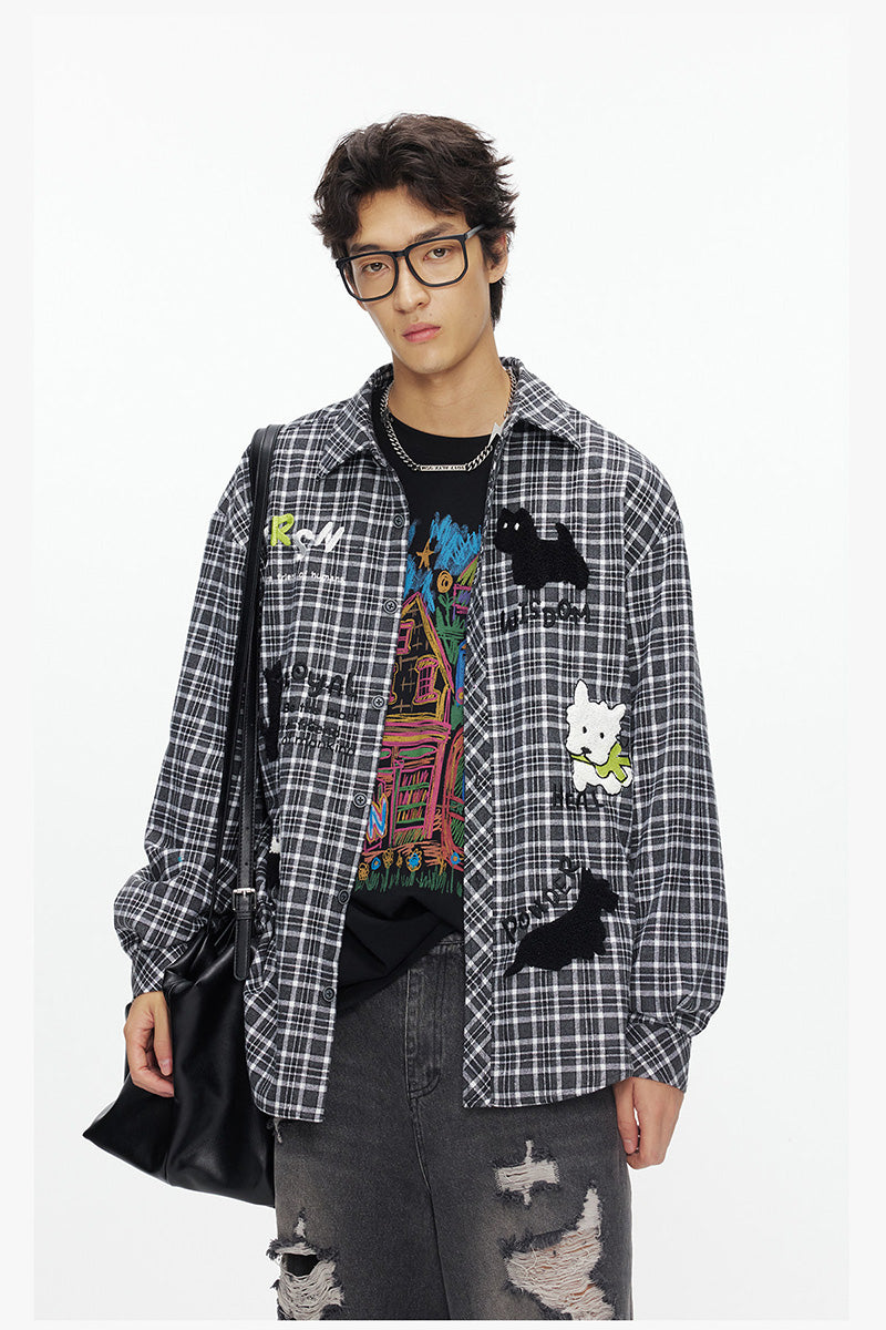 Chemise Oversize à Carreaux avec Broderie Chien Mignon – Veste Casual Vintage Unisexe pour Couple