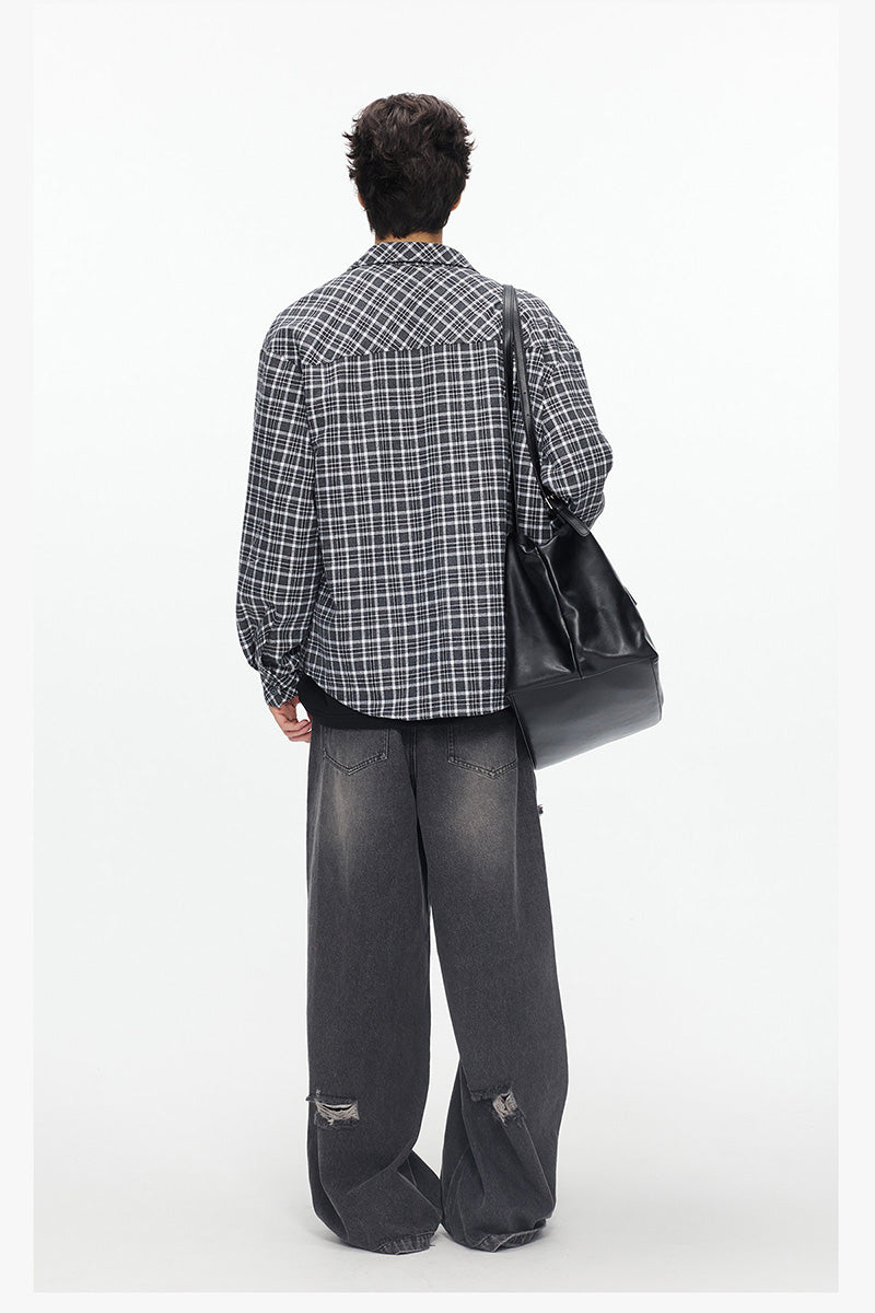 Chemise Oversize à Carreaux avec Broderie Chien Mignon – Veste Casual Vintage Unisexe pour Couple