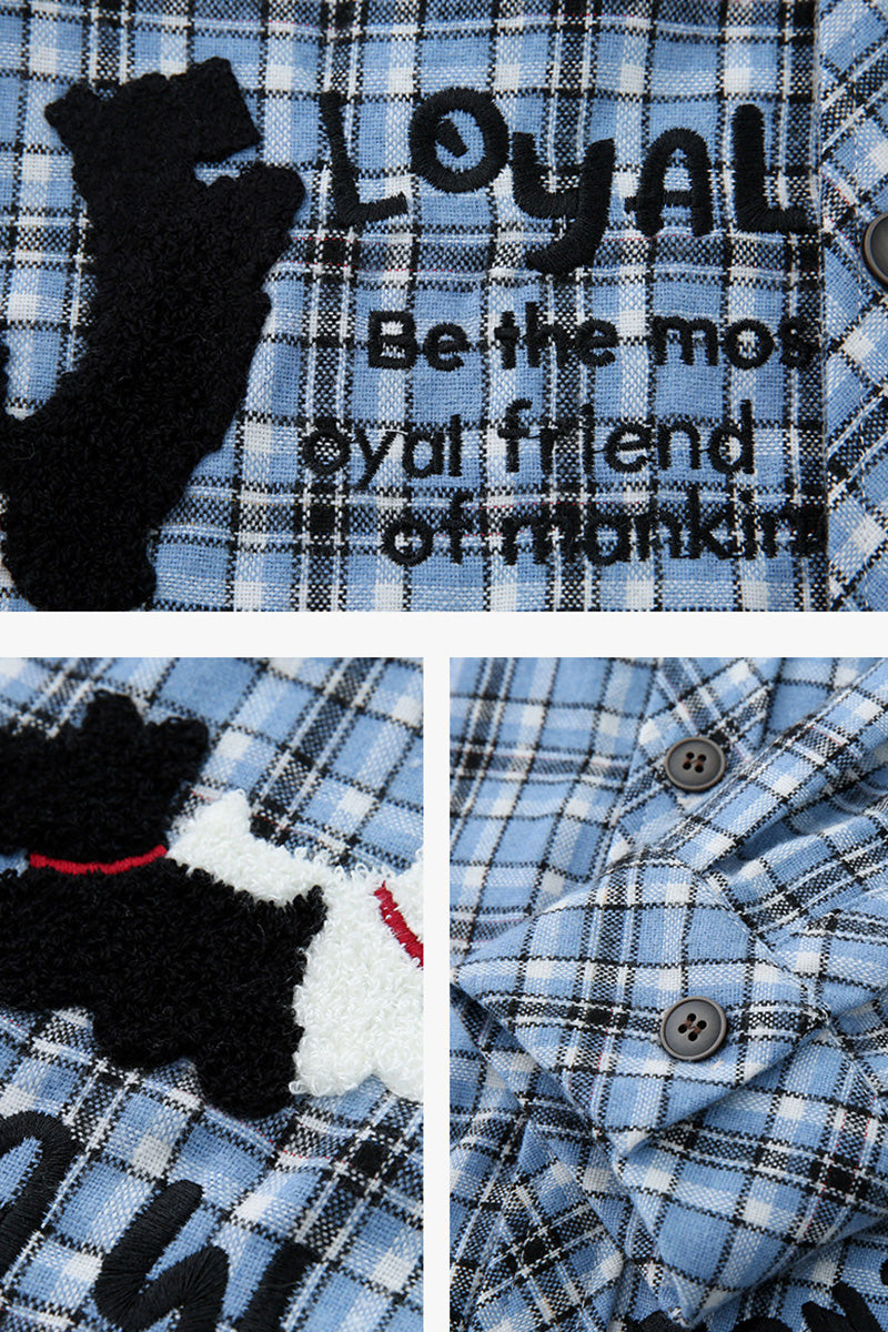 Chemise Oversize à Carreaux avec Broderie Chien Mignon – Veste Casual Vintage Unisexe pour Couple