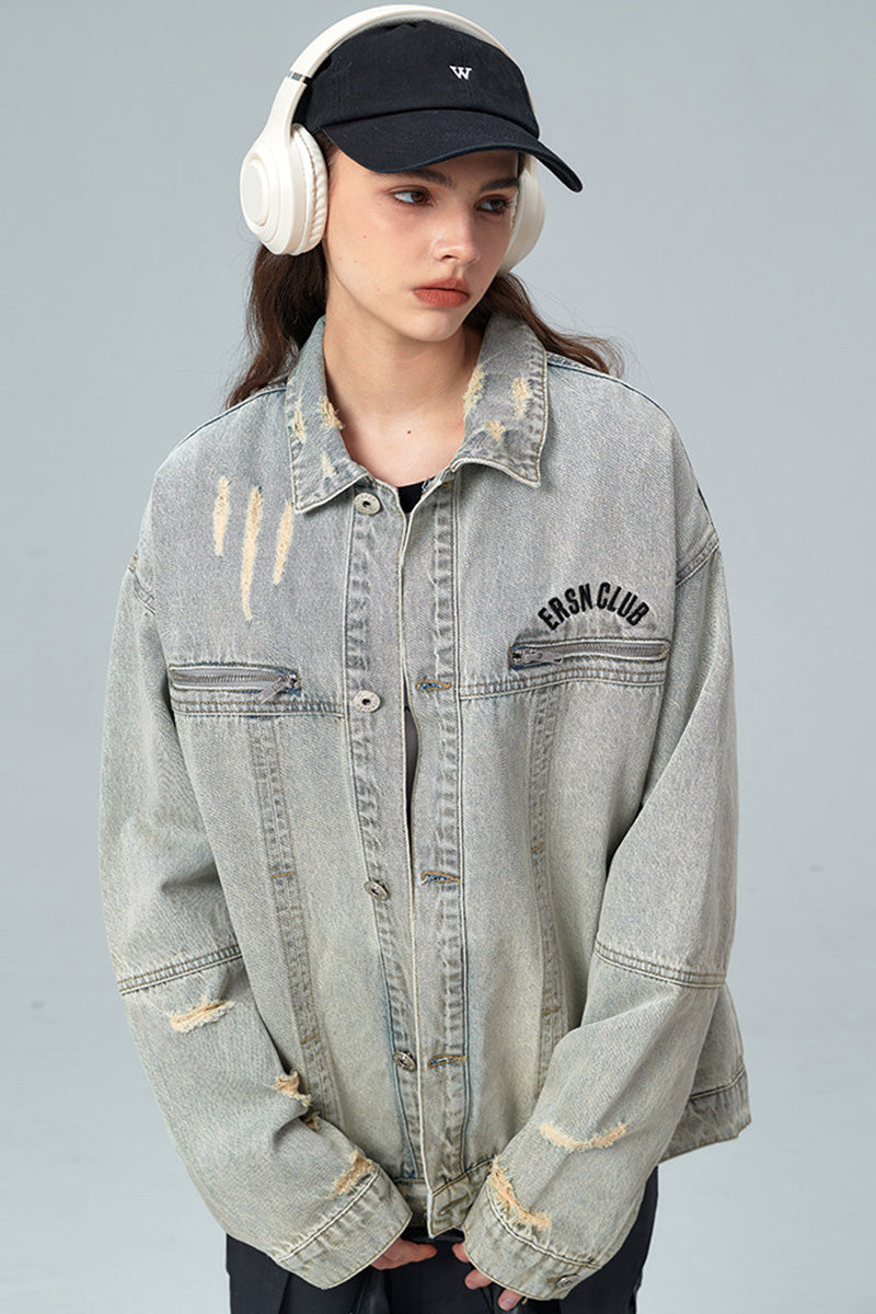 Veste en jean oversize délavée vintage pour femme – Blouson denim effet usé avec détails déchirés style streetwear
