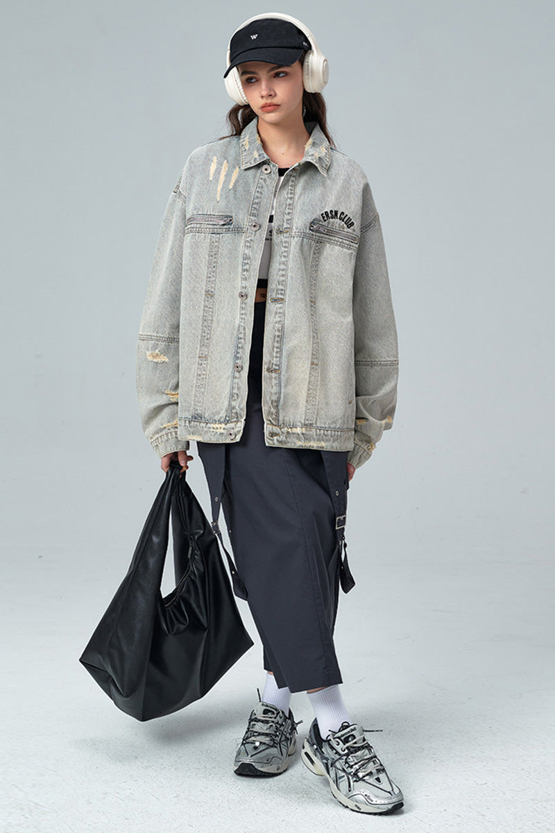 Veste en jean oversize délavée vintage pour femme – Blouson denim effet usé avec détails déchirés style streetwear