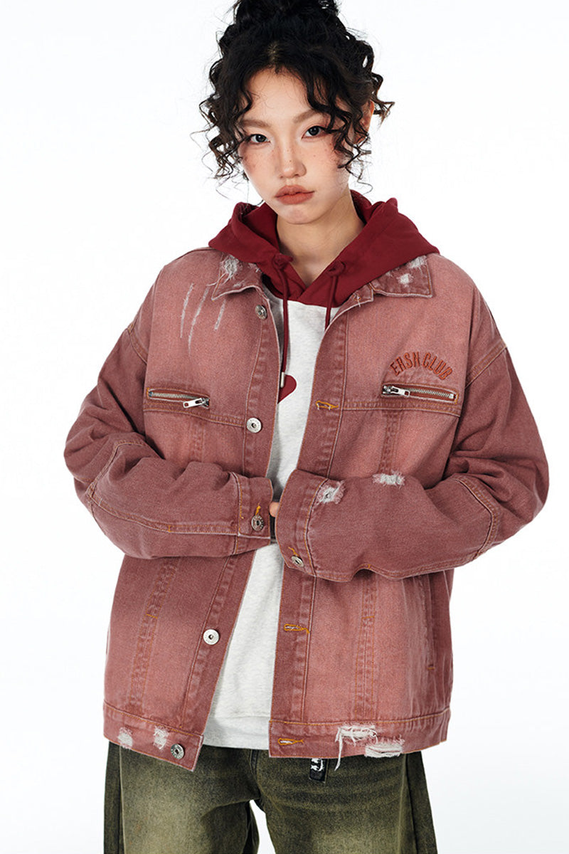Veste en jean oversize délavée vintage pour femme – Blouson denim effet usé avec détails déchirés style streetwear