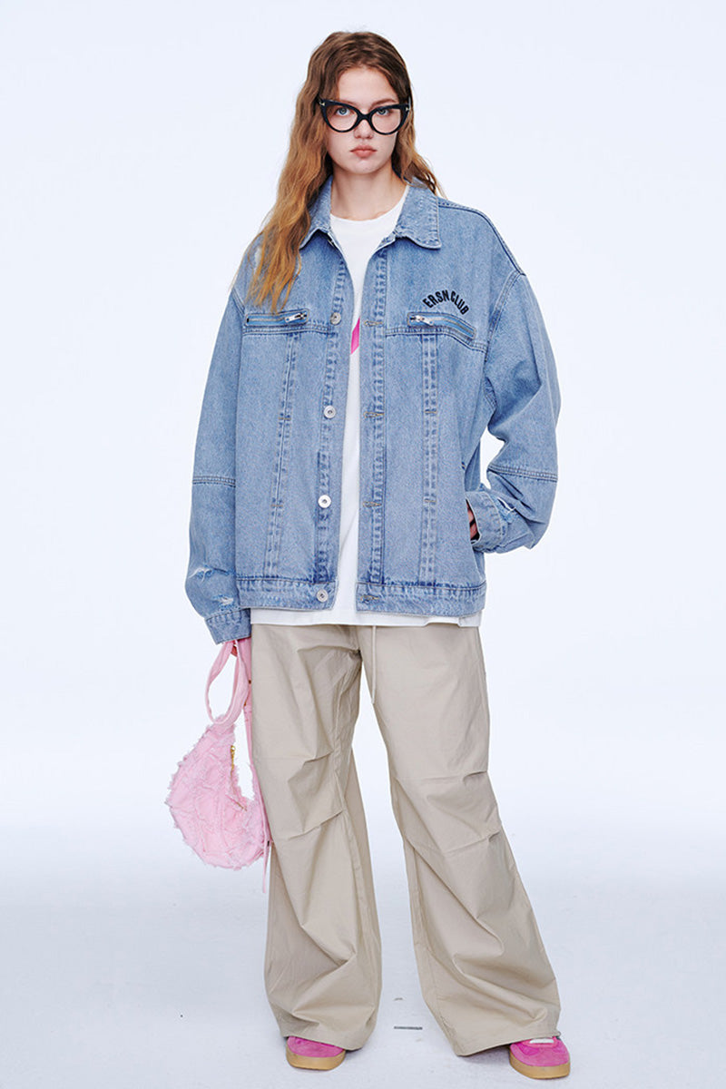 Veste en jean oversize délavée vintage pour femme – Blouson denim effet usé avec détails déchirés style streetwear