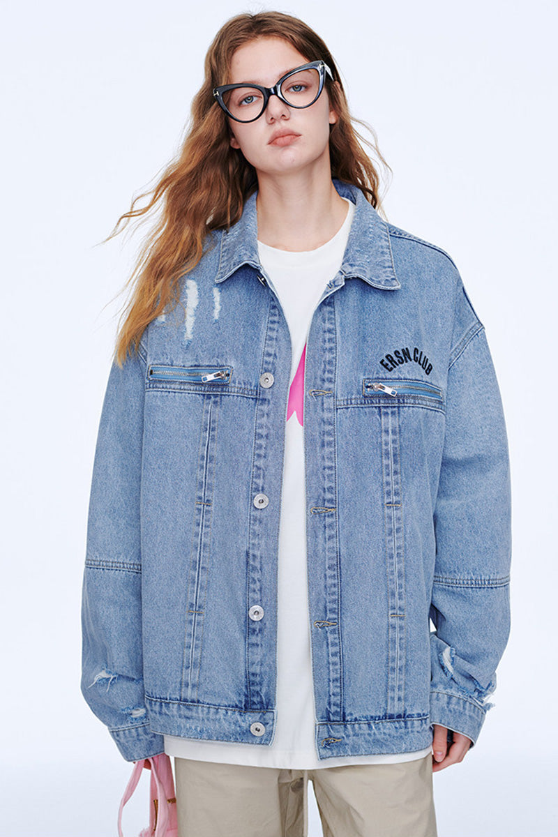 Veste en jean oversize délavée vintage pour femme – Blouson denim effet usé avec détails déchirés style streetwear