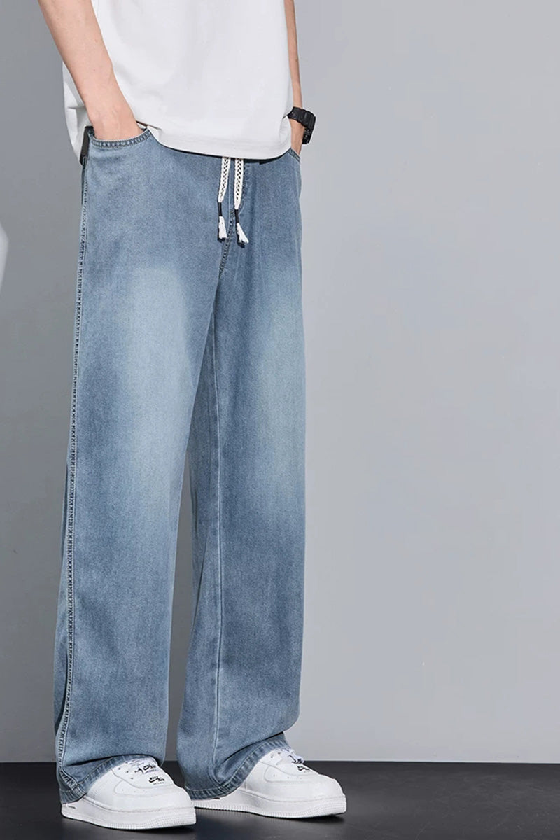 Pantalon Jean Homme en Tencel Léger Été, Coupe Droite Large, Style Urbain Américain
