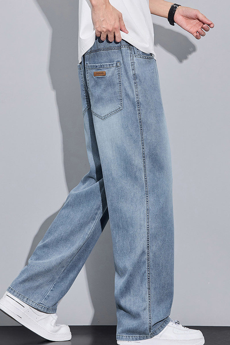 Pantalon Jean Homme en Tencel Léger Été, Coupe Droite Large, Style Urbain Américain
