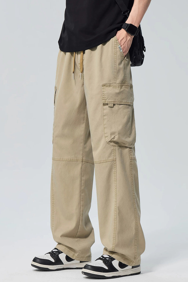 Pantalon cargo homme oversize en Tencel léger, style urbain américain, coupe droite décontractée avec poches multiples