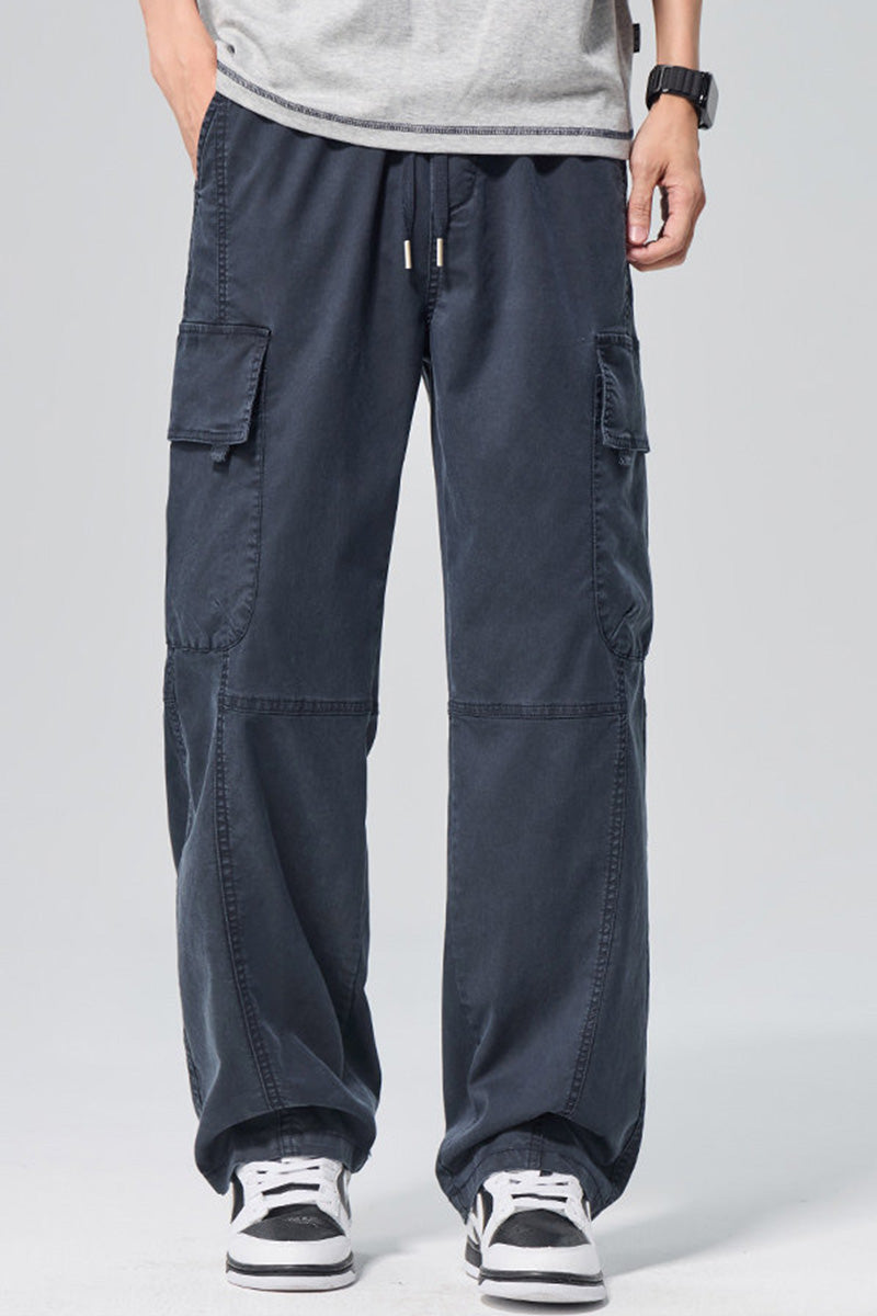 Pantalon cargo homme oversize en Tencel léger, style urbain américain, coupe droite décontractée avec poches multiples