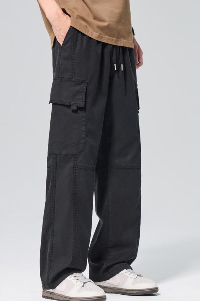Pantalon cargo homme oversize en Tencel léger, style urbain américain, coupe droite décontractée avec poches multiples