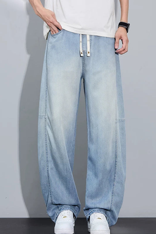 Jean homme coupe courbe effet délavé, pantalon d’été léger à coupe droite et ample, fluide et décontracté