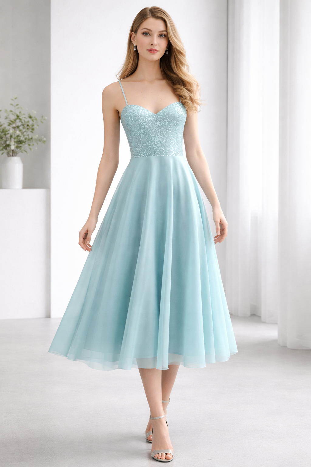Sequin and Mesh Spliced Cami Dress with Sweetheart Neckline