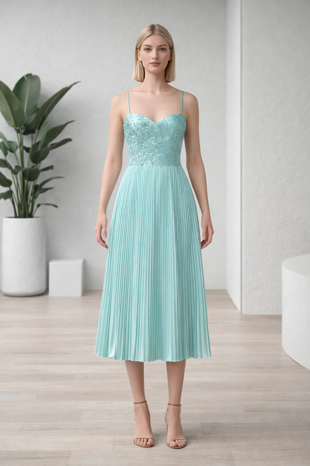 Light Aqua Pleated Chiffon Midi Dress