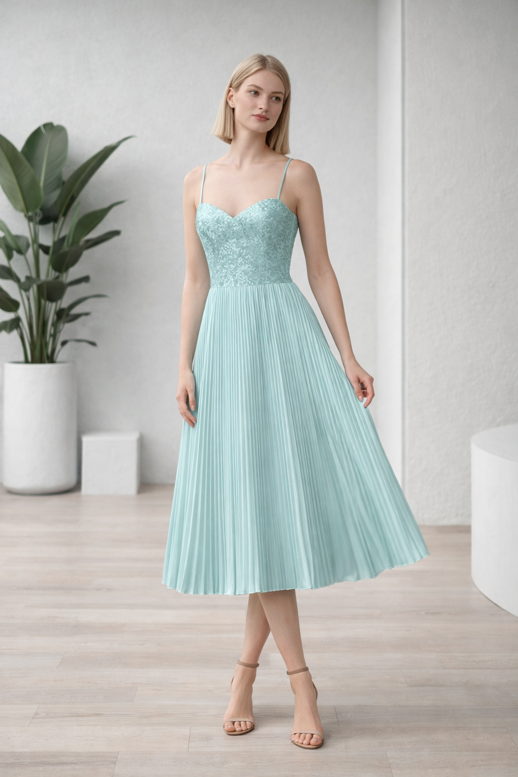 Light Aqua Pleated Chiffon Midi Dress